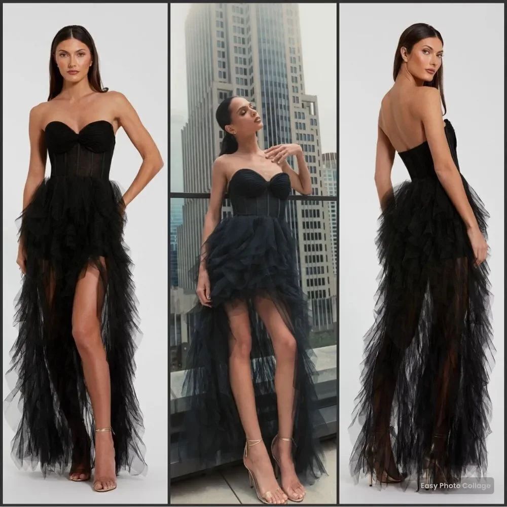 MAC DUGGAL 27532 Black Strapless Bustier Net Gown With Spiral Ruffles
